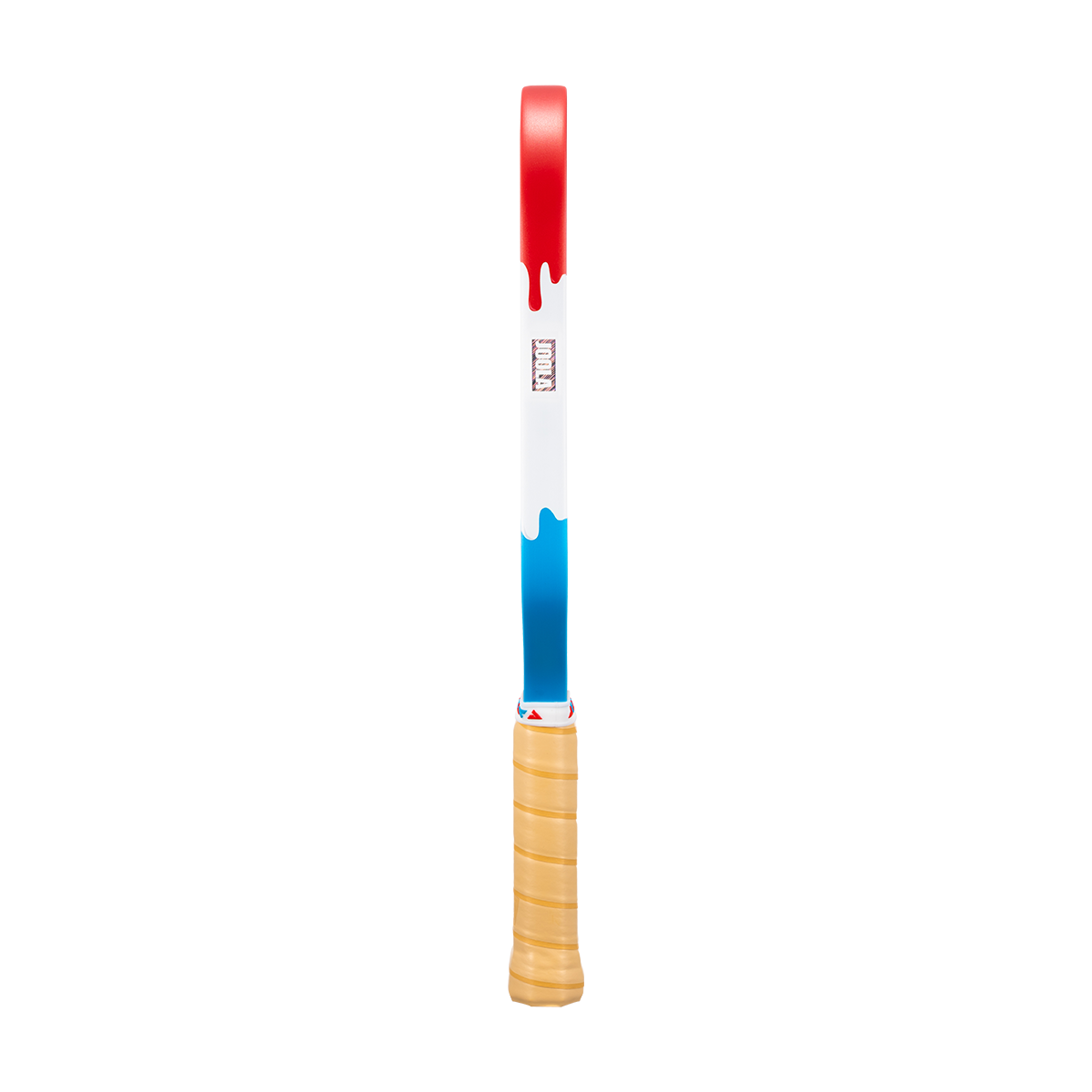 Image showing the red, white and blue drippy colorway and the brown handle of the JOOLA Rally Rocket pickleball paddle.