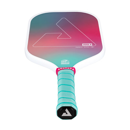 White background, product image of the JOOLA Perseus Astral pickleball paddle, with gradient colored surface and teal handle.