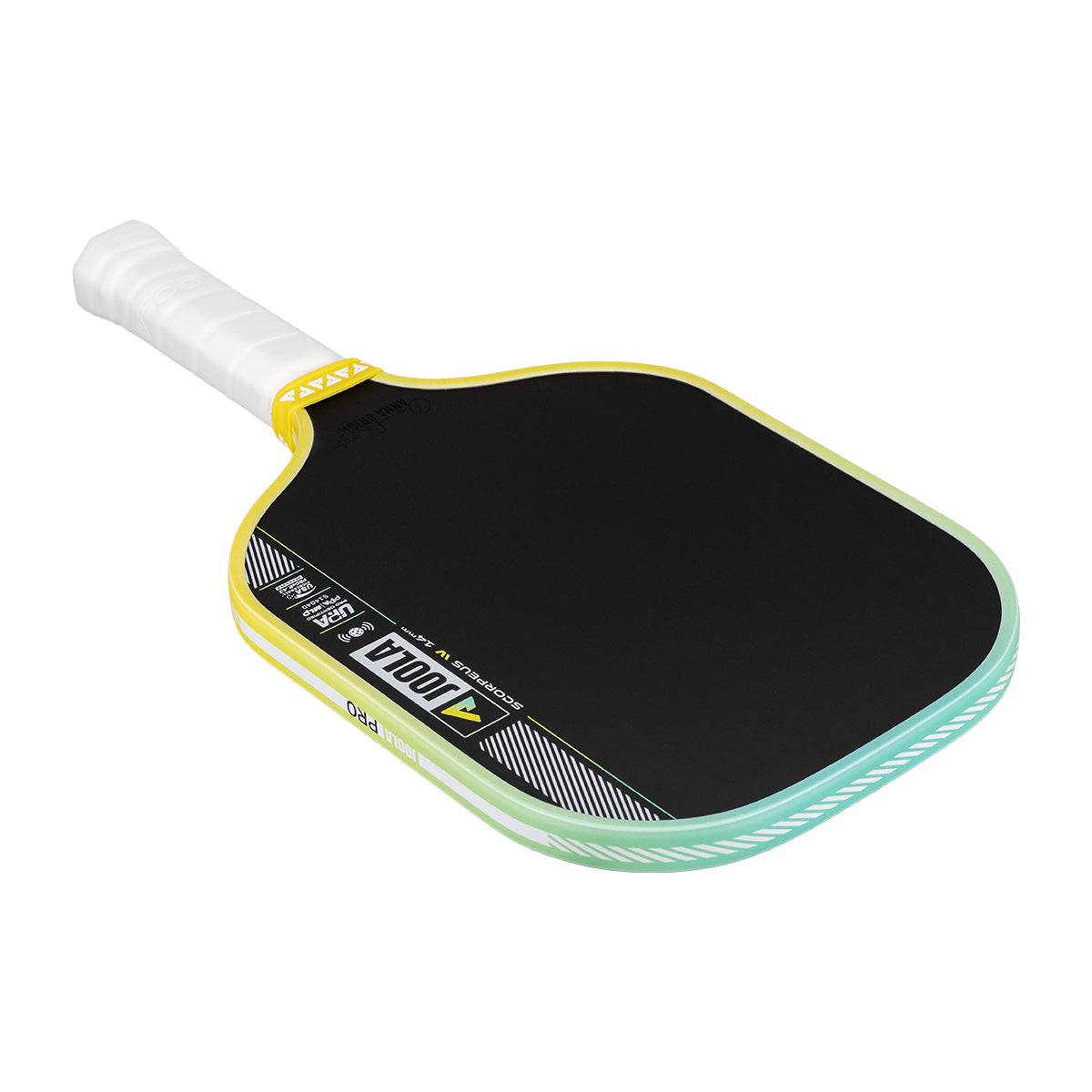 Pickleball paddle with black playing surface and yellow rim on a white background.