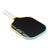 Pickleball paddle with black playing surface and yellow rim on a white background.