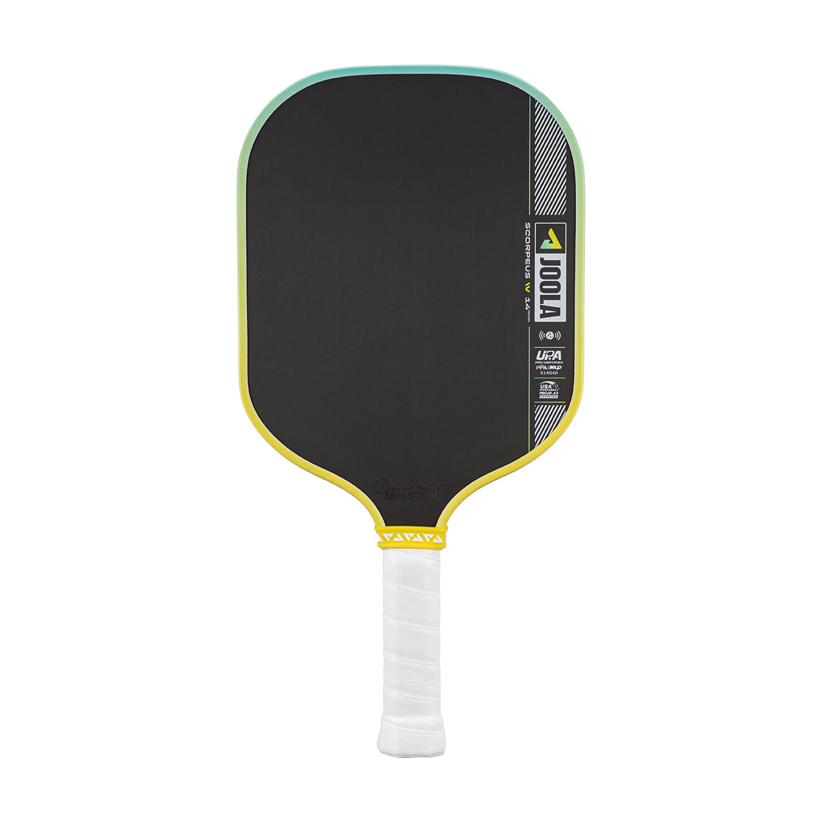 Pickleball paddle with black surface, yellow rim, and white handle on a white background.
