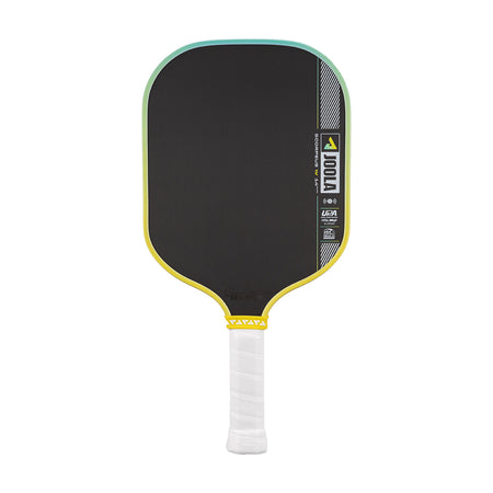 Pickleball paddle with black surface, yellow rim, and white handle on a white background.