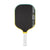 Pickleball paddle with black surface, yellow rim, and white handle on a white background.