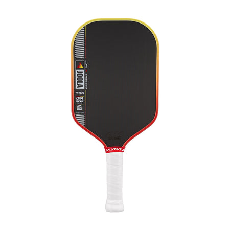 Pickleball paddle with black face, red border, and white handle on a white background