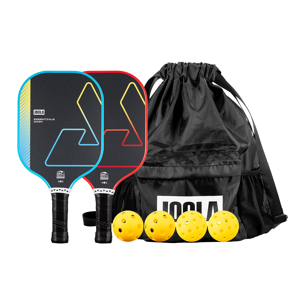 White background photo, one blue Essentials Dash pickleball paddle, one red essentials dash pickleball paddle, a JOOLA branded carrying bag and four yellow pickleballs.