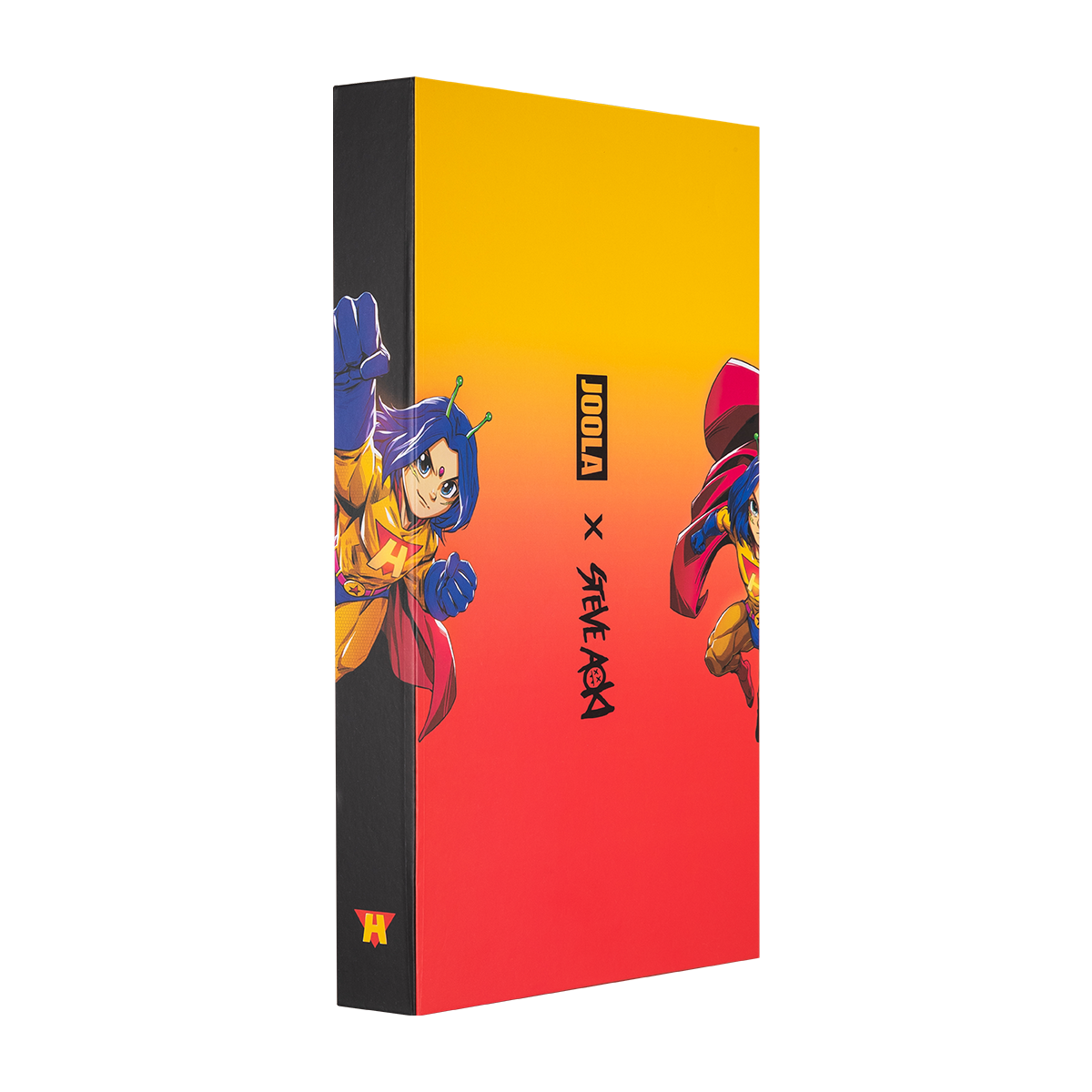 White background, product image of a JOOLA x Steve Aoki premium packaging, showing images of HiroQuest.