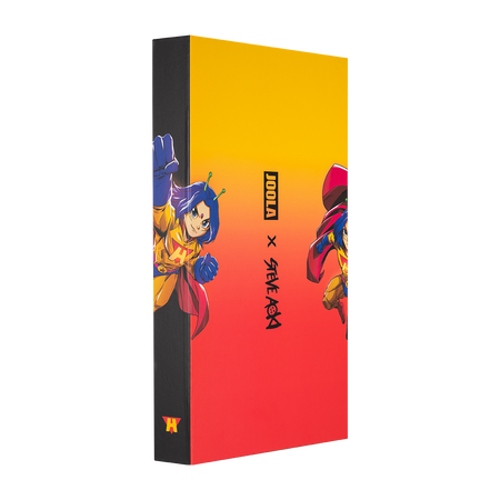 White background, product image of a JOOLA x Steve Aoki premium packaging, showing images of HiroQuest.