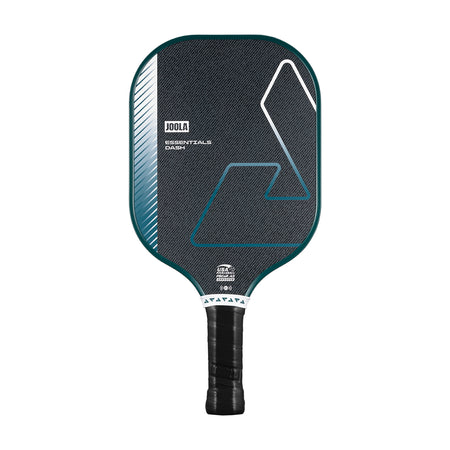 White background, product image of the JOOLA Essentials Dash pickleball paddle with club green edge guard and black handle.