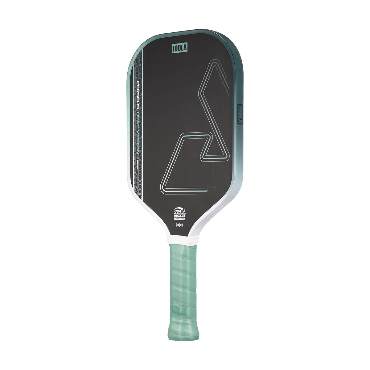 White background, white, green and black JOOLA Perseus Heat Vision pickleball paddle with green handle.
