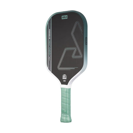 White background, white, green and black JOOLA Perseus Heat Vision pickleball paddle with green handle.