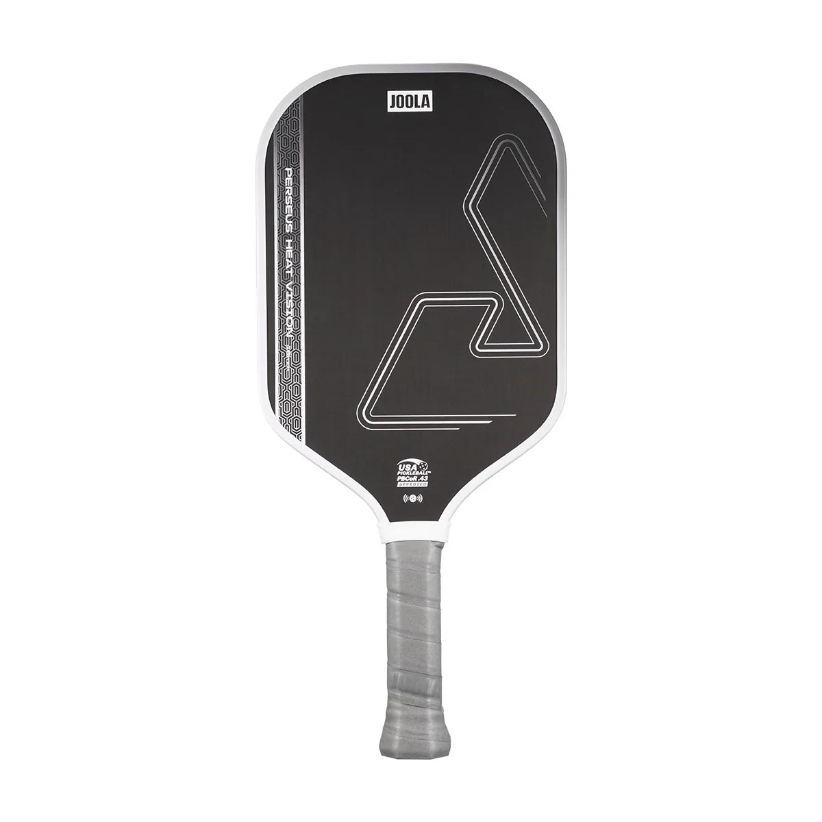 White background, white, gray and black JOOLA Perseus Heat Vision pickleball paddle with gray handle.