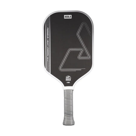White background, white, gray and black JOOLA Perseus Heat Vision pickleball paddle with gray handle.