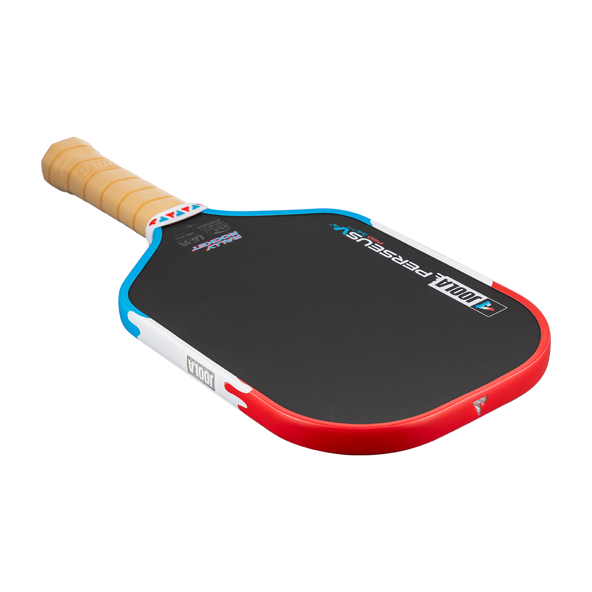 Product image of the Perseus Pro V Rally Rocket pickleball paddle, red, white and blue edge guard.