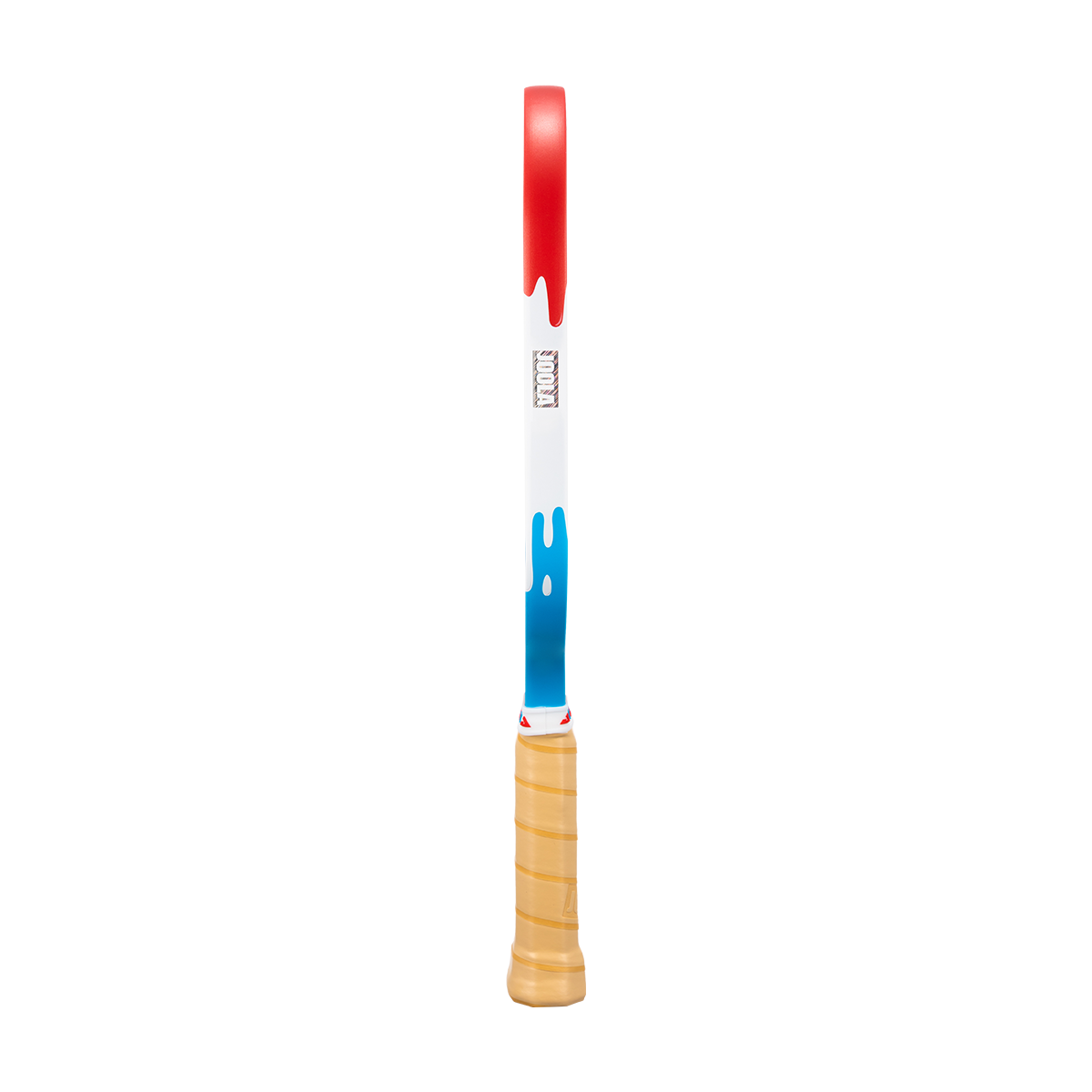 Side view of a JOOLA Pops pickleball paddle showing the red, white and blue drip of the JOOLA Rally Pops pickleball paddle.