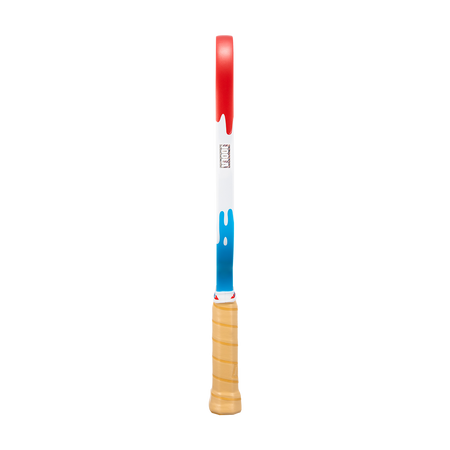 Side view of a JOOLA Pops pickleball paddle showing the red, white and blue drip of the JOOLA Rally Pops pickleball paddle.