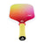 White background, product photo of the JOOLA Perseus Astral pickleball paddle with a yellow handle and white edge guard, and sunset gradient colored paddle face.