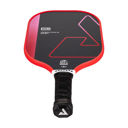 White background, product image of a red JOOLA Essentials Dash pickleball paddle with a black logo.