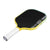 Pickleball paddle with black surface and yellow frame on a white background.