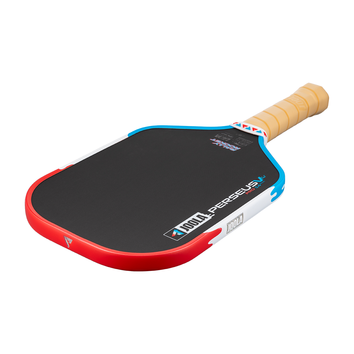 Product image of the Perseus Pro V Rally Rocket pickleball paddle, red, white and blue edge guard.