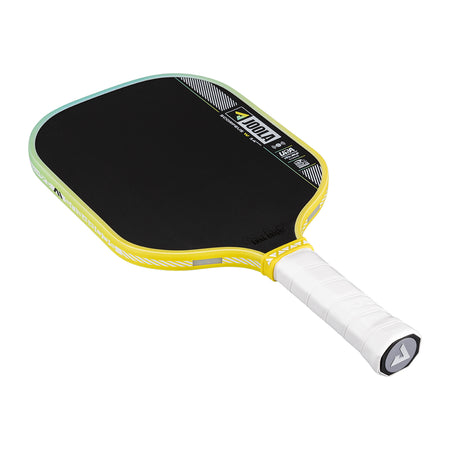Yellow and black pickleball paddle on a white background.