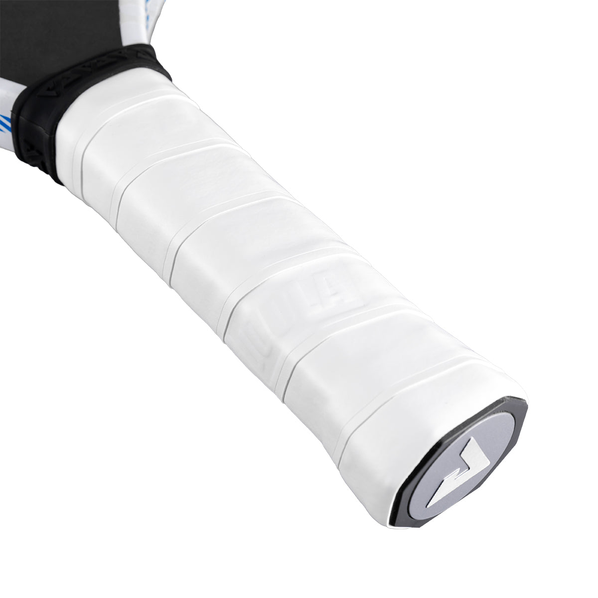 White background, close up image of the JOOLA White fel-tec pure replacement grip applied to a JOOLA pickleball paddle.