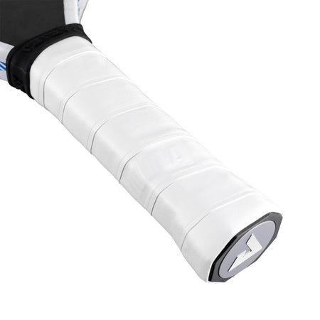 White background, close up image of the JOOLA White fel-tec pure replacement grip applied to a JOOLA pickleball paddle.