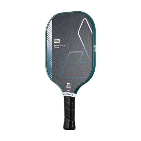 White background, product image of the JOOLA Essentials Dash pickleball paddle, black handle, club green edge guard, and black and club green surface color.