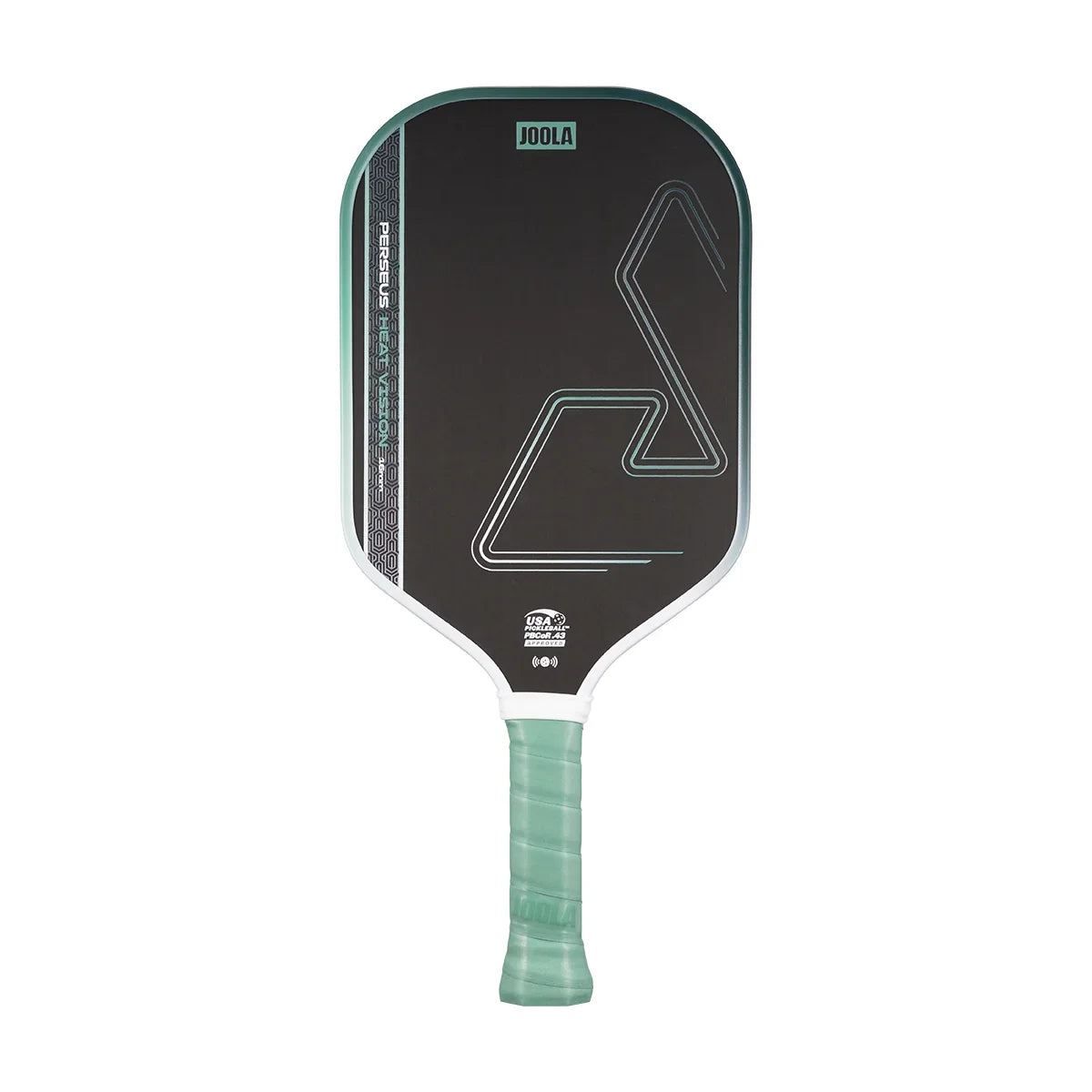 White background, white, green and black JOOLA Perseus Heat Vision pickleball paddle with green handle.
