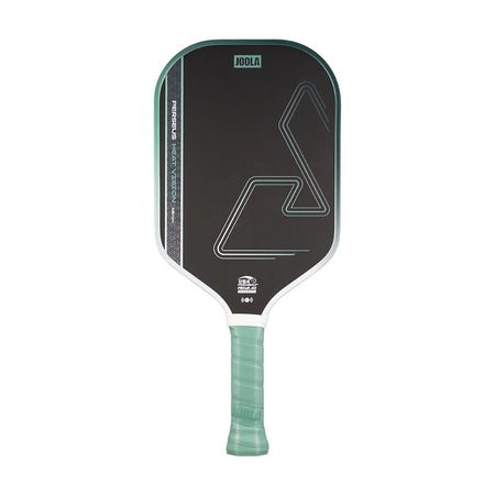 White background, white, green and black JOOLA Perseus Heat Vision pickleball paddle with green handle.
