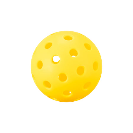 Yellow perforated pickleball on a white background.
