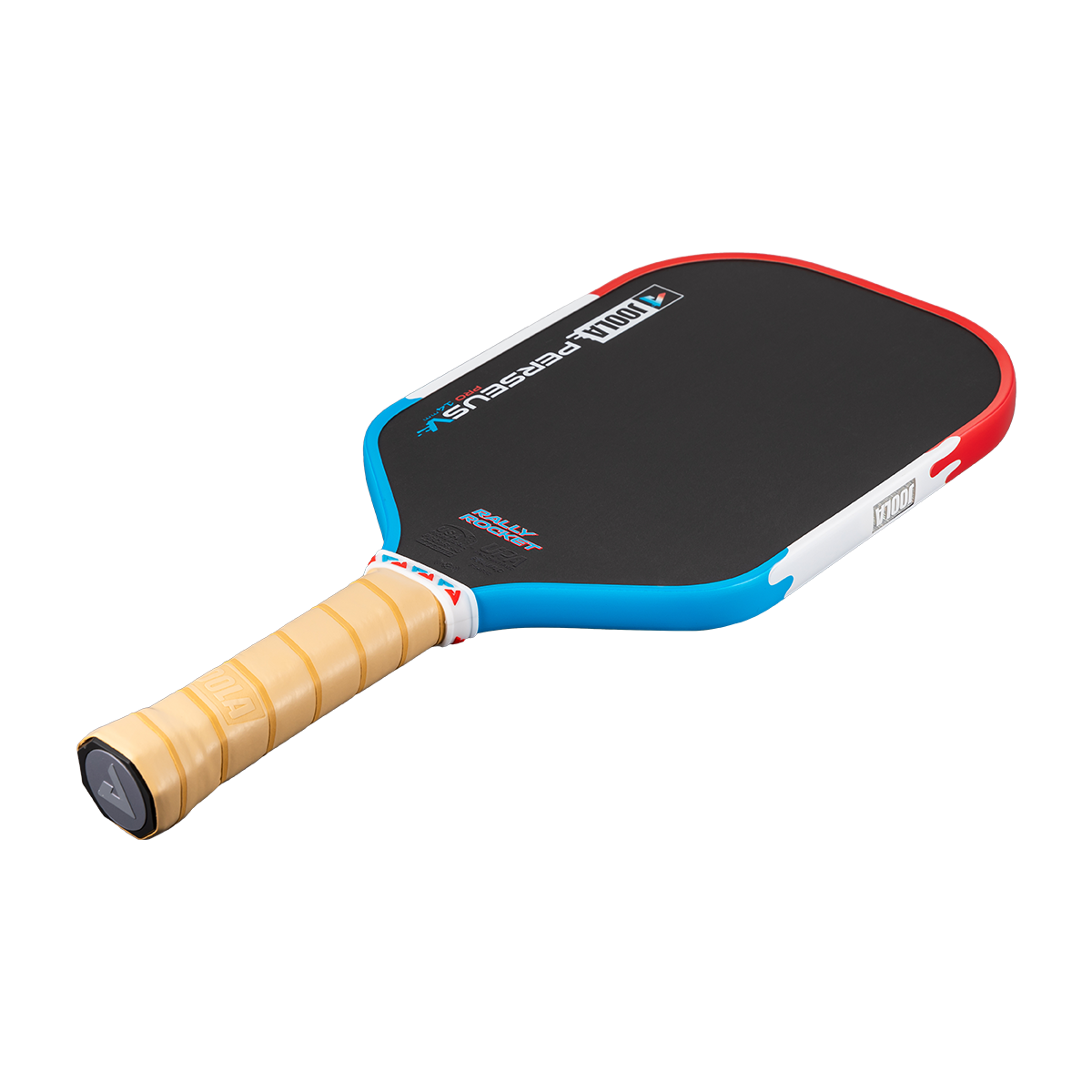 Product image of the Perseus Pro V Rally Rocket pickleball paddle, red, white and blue edge guard.