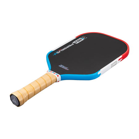 Product image of the Perseus Pro V Rally Rocket pickleball paddle, red, white and blue edge guard.