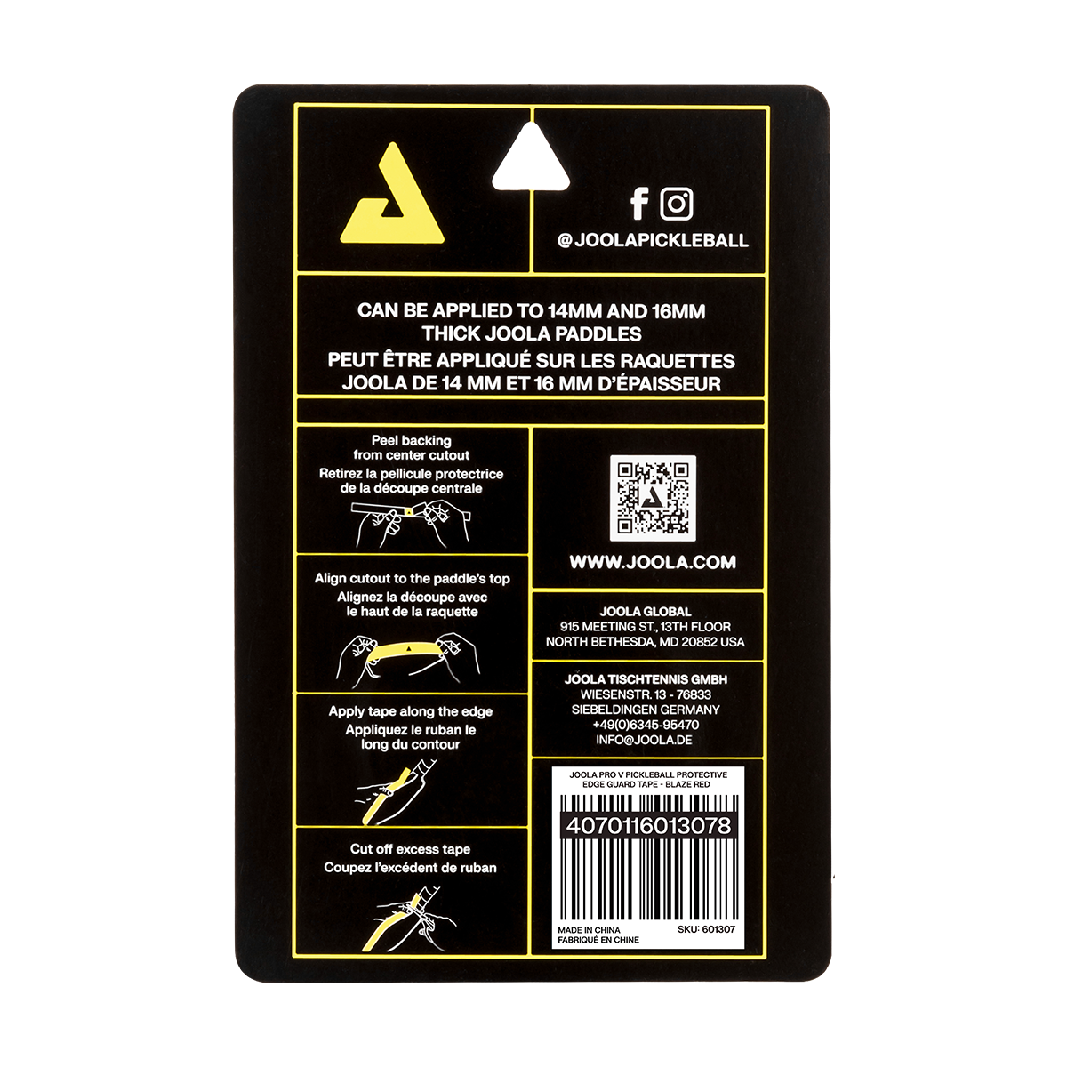 Close up on the detailed application instructions on the back of a JOOLA edge guard tape.