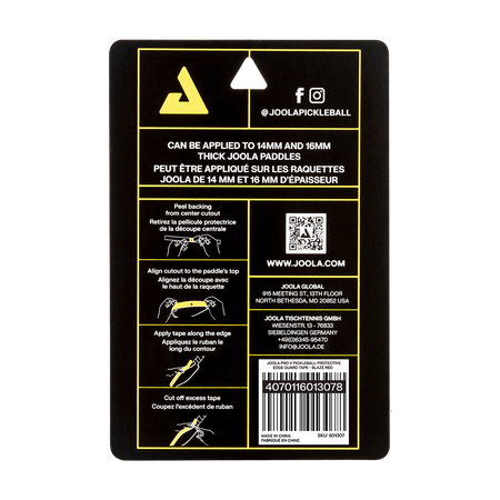 Close up on the detailed application instructions on the back of a JOOLA edge guard tape.