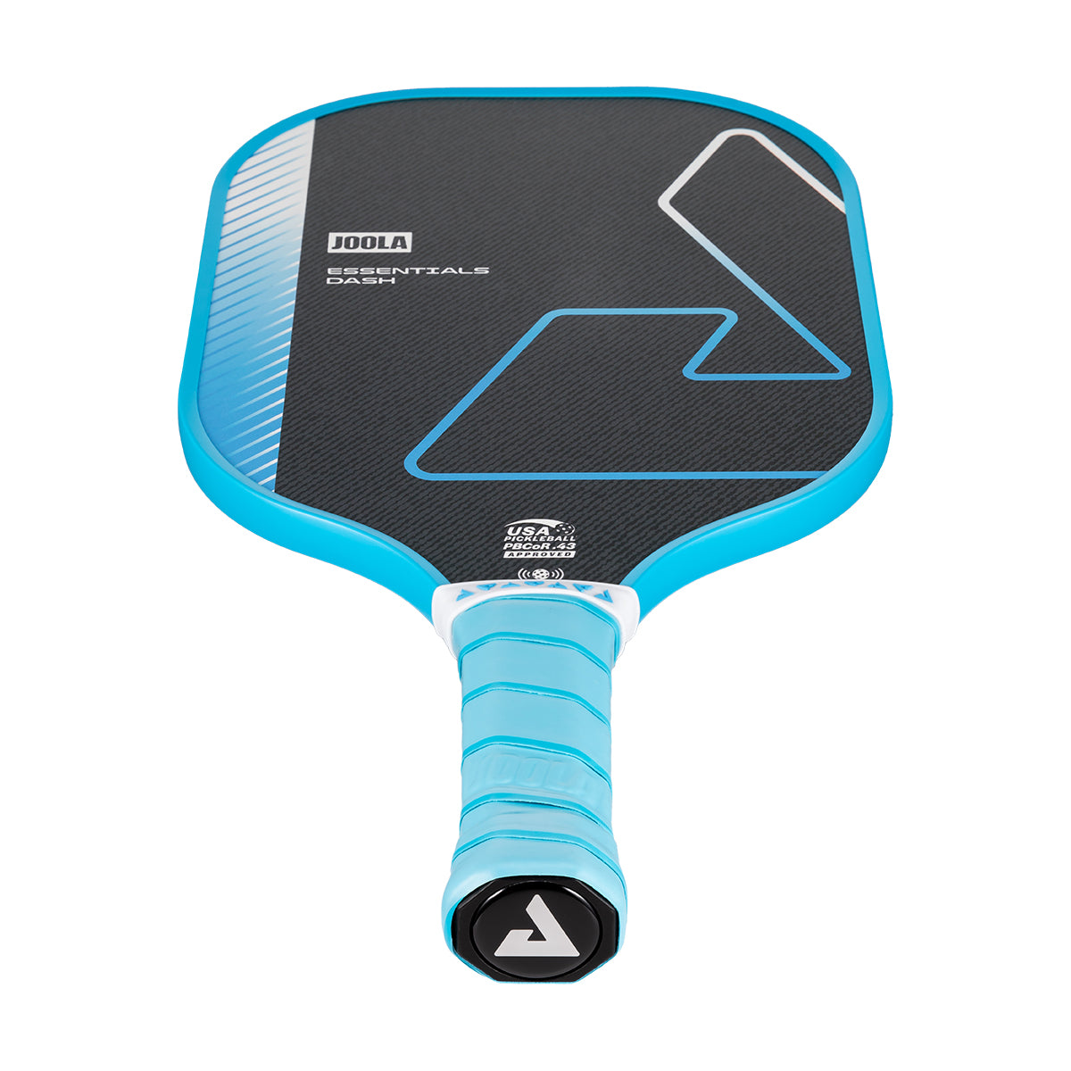 White background, product image of the JOOLA Essentials Dash pickleball paddle with light blue handle and matching edge guard.