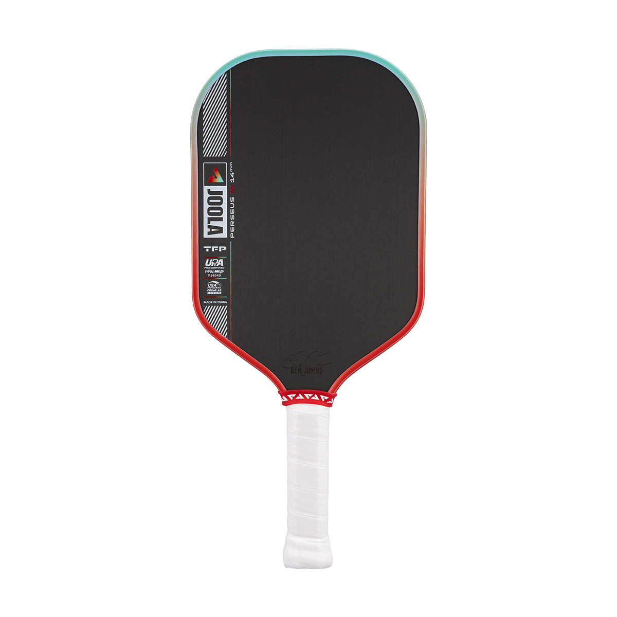 Pickleball paddle with black surface, red border, and white handle on a white background