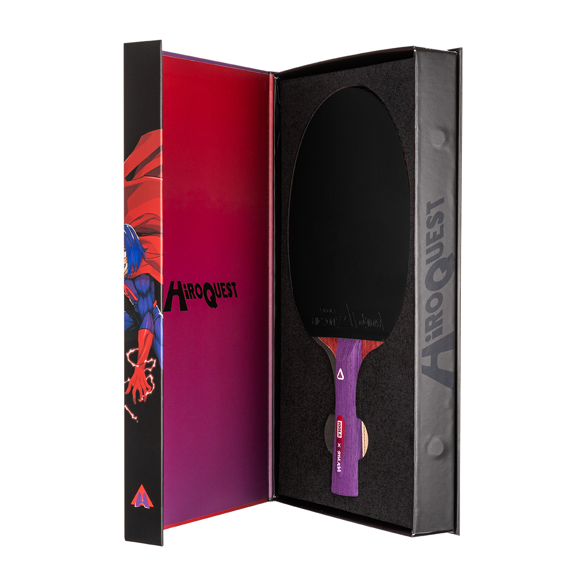 White background, HiroQuest premium packaging for the JOOLA x Steve Aoki table tennis racket colloboration.
