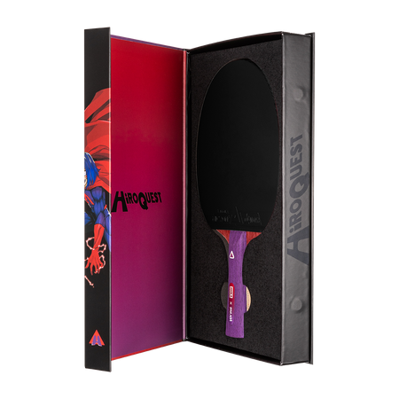 White background, HiroQuest premium packaging for the JOOLA x Steve Aoki table tennis racket colloboration.