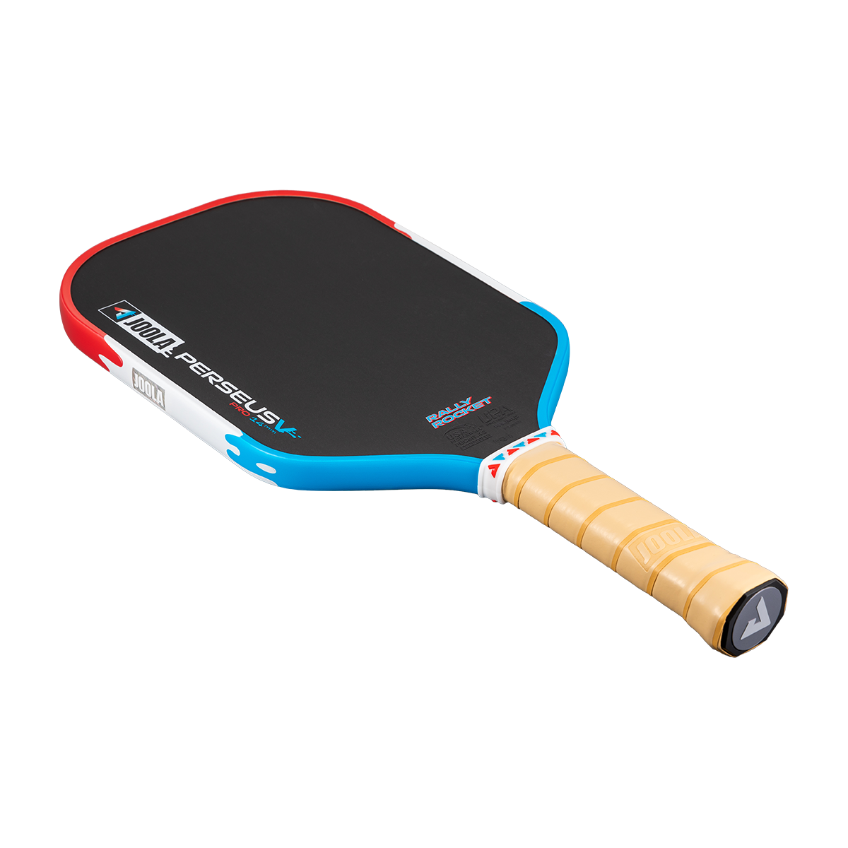 Product image of the Perseus Pro V Rally Rocket pickleball paddle, red, white and blue edge guard.