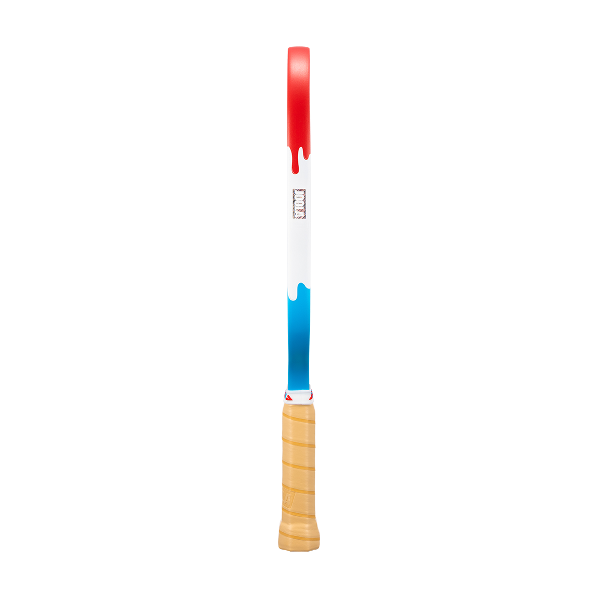 Image showing the drippy red, white and blue edge guard on the JOOLA Kosmos Pro V Rally Rocket.