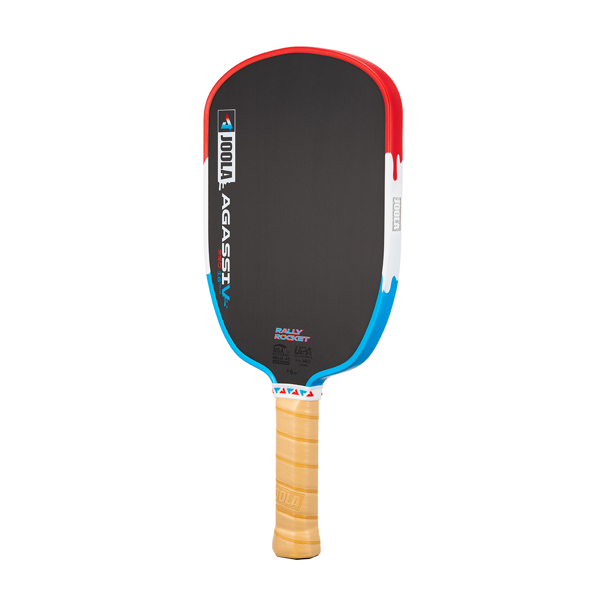 Product image of the JOOLA Agassi Pro V Rally Rocket pickleball paddle. Red, white and blue edge guard.