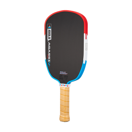 Product image of the JOOLA Agassi Pro V Rally Rocket pickleball paddle. Red, white and blue edge guard.