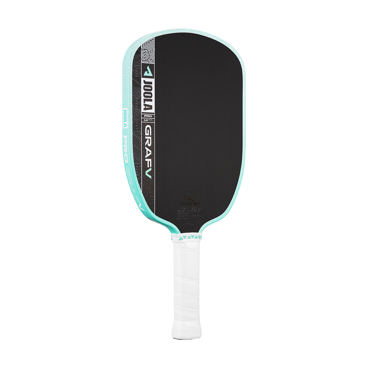 White background, product image of the Graf Pro V pickleball paddle, teal edge guard with a white handle.