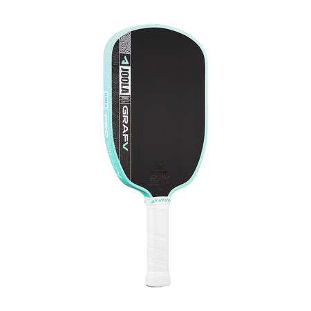 White background, product image of the Graf Pro V pickleball paddle, teal edge guard with a white handle.
