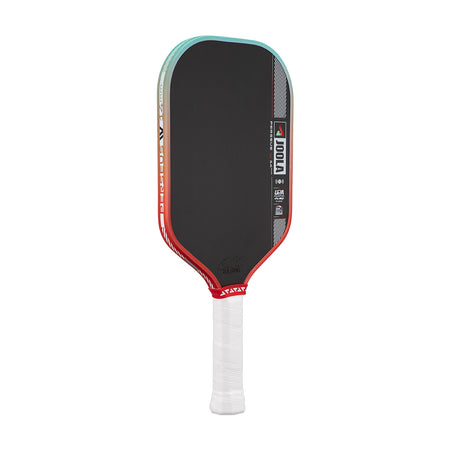 Pickleball paddle with black surface, red frame, and white handle on a white background