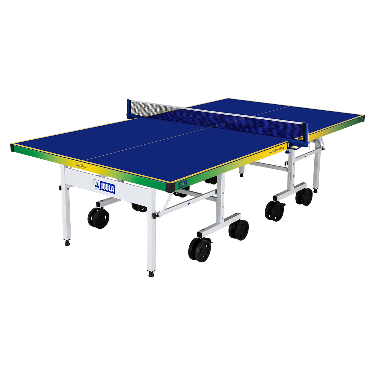 Product image of a JOOLA x Hugo Calderano table tennis table, blue surface, and green-yellow color gradient on the side.