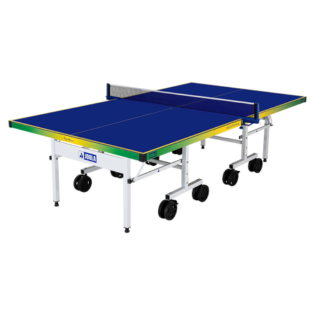 Product image of a JOOLA x Hugo Calderano table tennis table, blue surface, and green-yellow color gradient on the side.