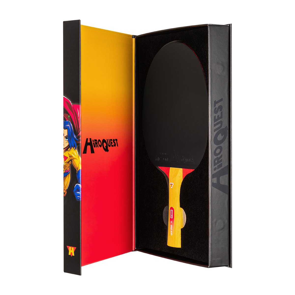 White background, product image showing the JOOLA HiroQuest table tennis racket in the premium packaging.
