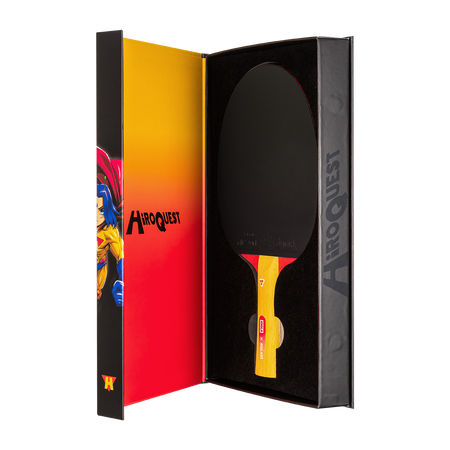 White background, product image showing the JOOLA HiroQuest table tennis racket in the premium packaging.
