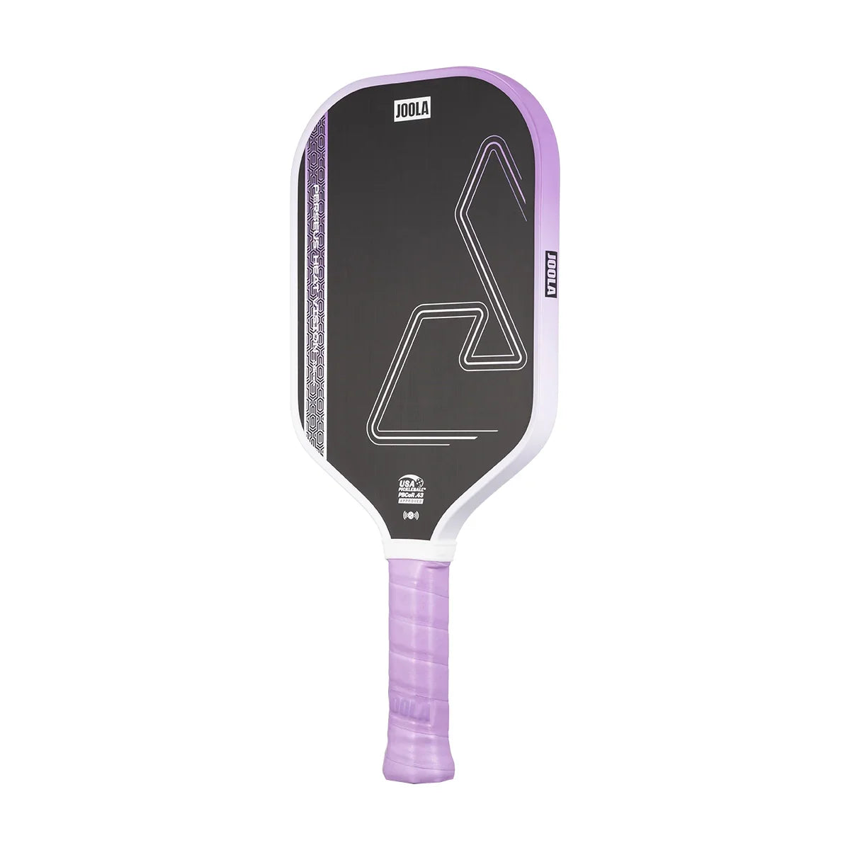 White background, image of the Perseus Heat Vision pickleball paddle, white and purple edge guard and purple handle.